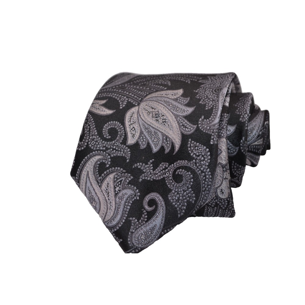 Ike Behar Black / Silver Floral 100% Silk Neck Tie Men's Hand Tailored